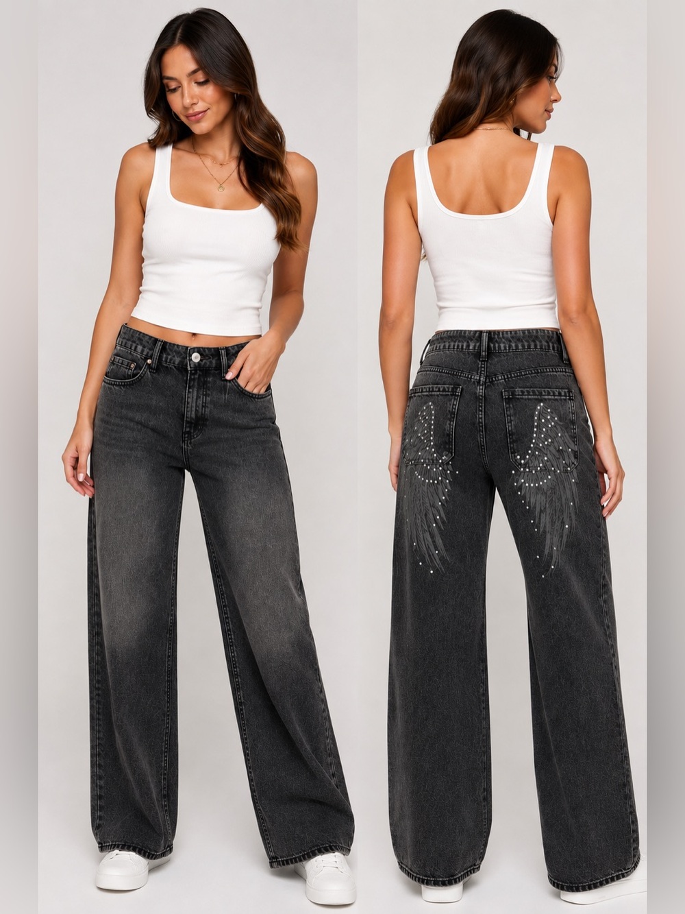 LOVE SOHO Denim Wide Leg Low Rise Embellished Black Jeans Size 3 NWT